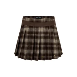 Via Pitti Rivet Suede Leather Patchwork Pleated Plaid Skirt Brown