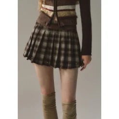 Via Pitti Rivet Suede Leather Patchwork Pleated Plaid Skirt Brown