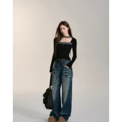 Via Pitti Rivet Wide-Leg Washed Denim Pants Blue