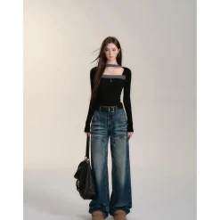 Via Pitti Rivet Wide-Leg Washed Denim Pants Blue