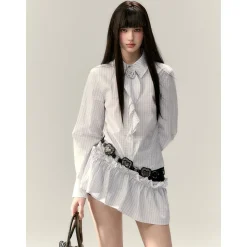 Via Pitti Rose Brooch Detachable Two-Way Shirt Dress White