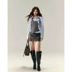 Via Pitti Rose Brooch Detachable Two-Way Shirt Dress Blue