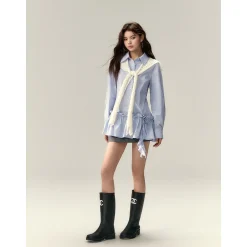 Via Pitti Rose Brooch Detachable Two-Way Shirt Dress Blue