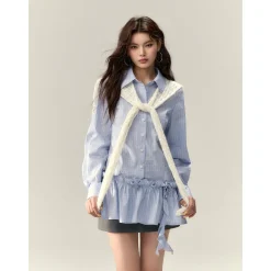 Via Pitti Rose Brooch Detachable Two-Way Shirt Dress Blue