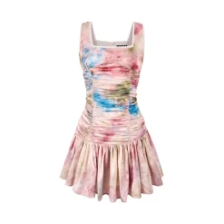 Via Pitti Satin Painting Butterfly Lace Patchwork Dress