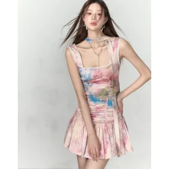 Via Pitti Satin Painting Butterfly Lace Patchwork Dress