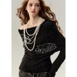 Via Pitti Silver Thread Rose Versatile Knit Sweater Black