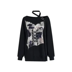 Via Pitti Special Lace Patchwork Off Shoulder Sweater Black