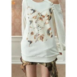 Via Pitti Special Lace Patchwork Off Shoulder Sweater White