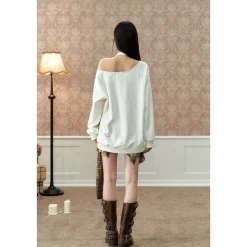 Via Pitti Special Lace Patchwork Off Shoulder Sweater White