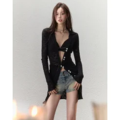 Via Pitti Super-Thin Slim Knit Long Cardigan Black