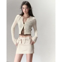 Via Pitti Super-Thin Slim Knit Short Cardigan Cream