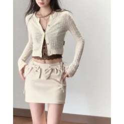 Via Pitti Super-Thin Slim Knit Short Cardigan Cream