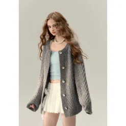 Via Pitti Two-Way Twist Knit Woollen Cardigan Grey