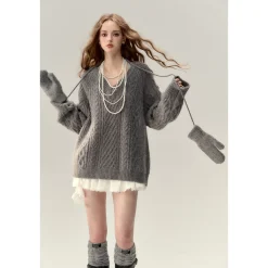 Via Pitti Two-Way Twist Knit Woollen Cardigan Grey
