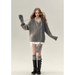 Via Pitti Two-Way Twist Knit Woollen Cardigan Grey