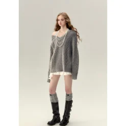 Via Pitti Two-Way Twist Knit Woollen Cardigan Grey