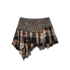 Via Pitti Vintage Checkered Irregular Cutting Skirt Black