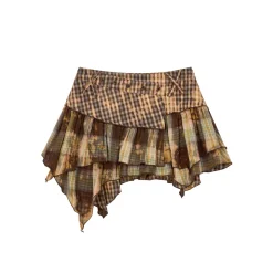 Via Pitti Vintage Checkered Irregular Cutting Skirt Khaki