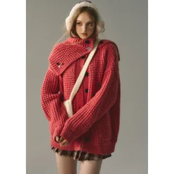 Via Pitti Waffle-Knit Cardigan Red