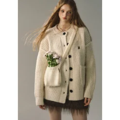 Via Pitti Waffle-Knit Cardigan Cream