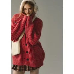 Via Pitti Waffle-Knit Cardigan Red