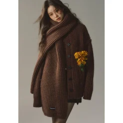 Via Pitti Waffle-Knit Cardigan Brown