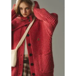 Via Pitti Waffle-Knit Cardigan Red