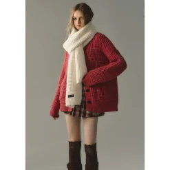 Via Pitti Waffle-Knit Cardigan Red