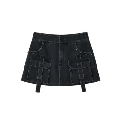 Via Pitti Washed Denim Cargo Skirt Shorts Black
