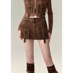Via Pitti Washed Denim Cargo Skirt Shorts Brown