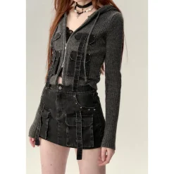 Via Pitti Washed Denim Cargo Skirt Shorts Black
