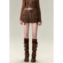 Via Pitti Washed Denim Cargo Skirt Shorts Brown