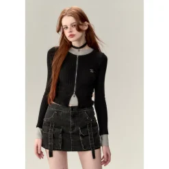 Via Pitti Washed Denim Cargo Skirt Shorts Black