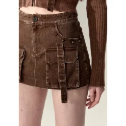 Via Pitti Washed Denim Cargo Skirt Shorts Brown
