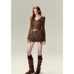 Via Pitti Washed Denim Cargo Skirt Shorts Brown