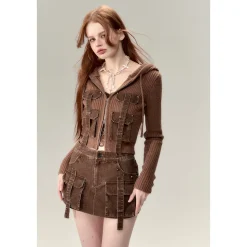 Via Pitti Washed Denim Cargo Skirt Shorts Brown