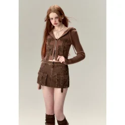Via Pitti Washed Denim Cargo Skirt Shorts Brown