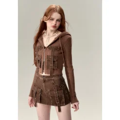 Via Pitti Washed Denim Cargo Skirt Shorts Brown