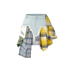 Weird Market Plaid Patch Denim Skirt Blue