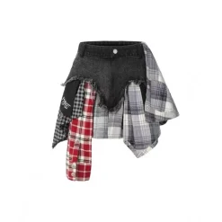 Weird Market Plaid Patch Denim Skirt Black