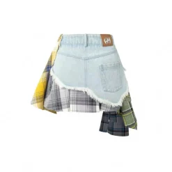 Weird Market Plaid Patch Denim Skirt Blue