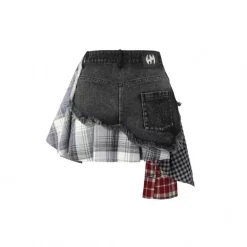 Weird Market Plaid Patch Denim Skirt Black