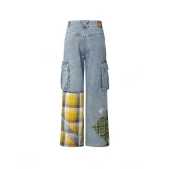 Weird Market Plaid Patch Denim Pants Blue