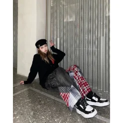 Weird Market Plaid Patch Denim Pants Black