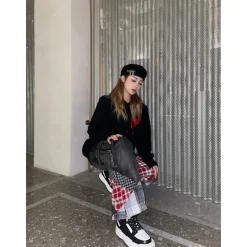 Weird Market Plaid Patch Denim Pants Black