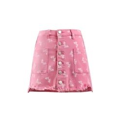 West.Y Button Up Full Print Logo Denim Skirt Pink