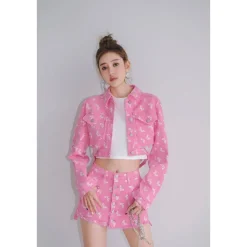 West.Y Full Print Logo Back Chain Denim Jacket Pink
