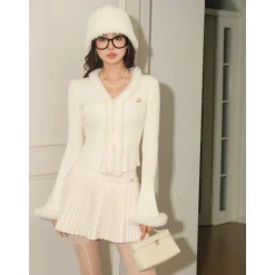 West.Y Fur Collar Bell Sleeve Knit Top White