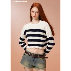 Wildshadow Color Blocked Striped Short Knit Sweater